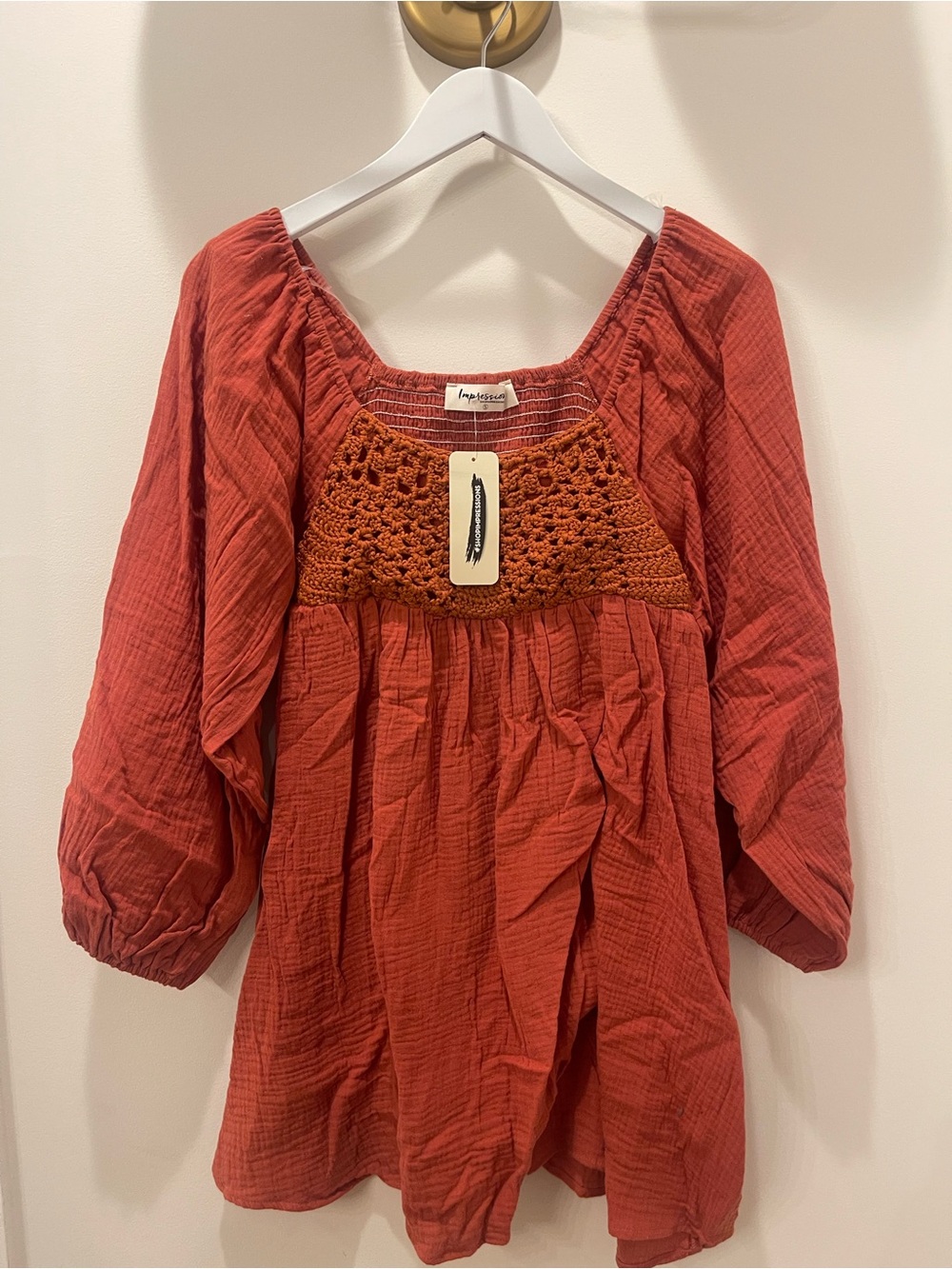 Impressions Rust Crochet-Yoke Peasant Dress